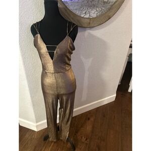 Charlotte Russe Metallic Gold Strappy Plunge Jumpsuit Women's Size M
